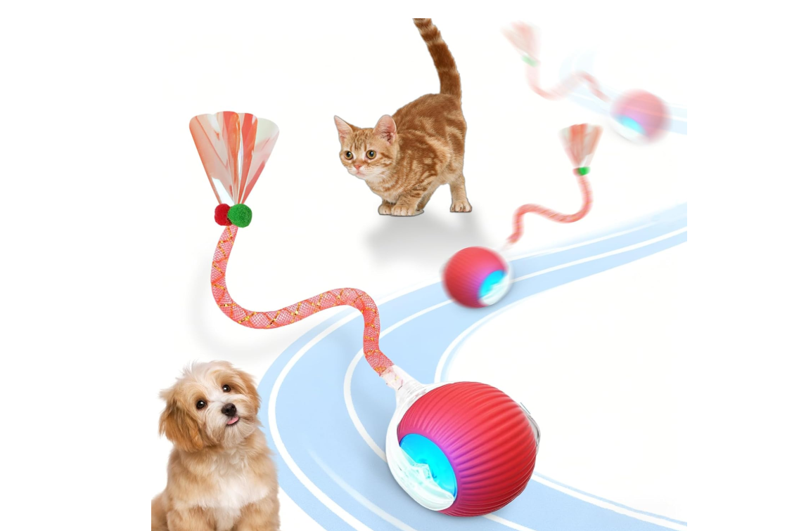 Interactive Cat Toys for Indoor Cats Adult & Kitten Toys, Rechargeable Automatic Cat Toy Ball, Smart Chase Teaser Pet Balls Toy, Active Rolling Ball with Tail for Dogs and Cats, Red