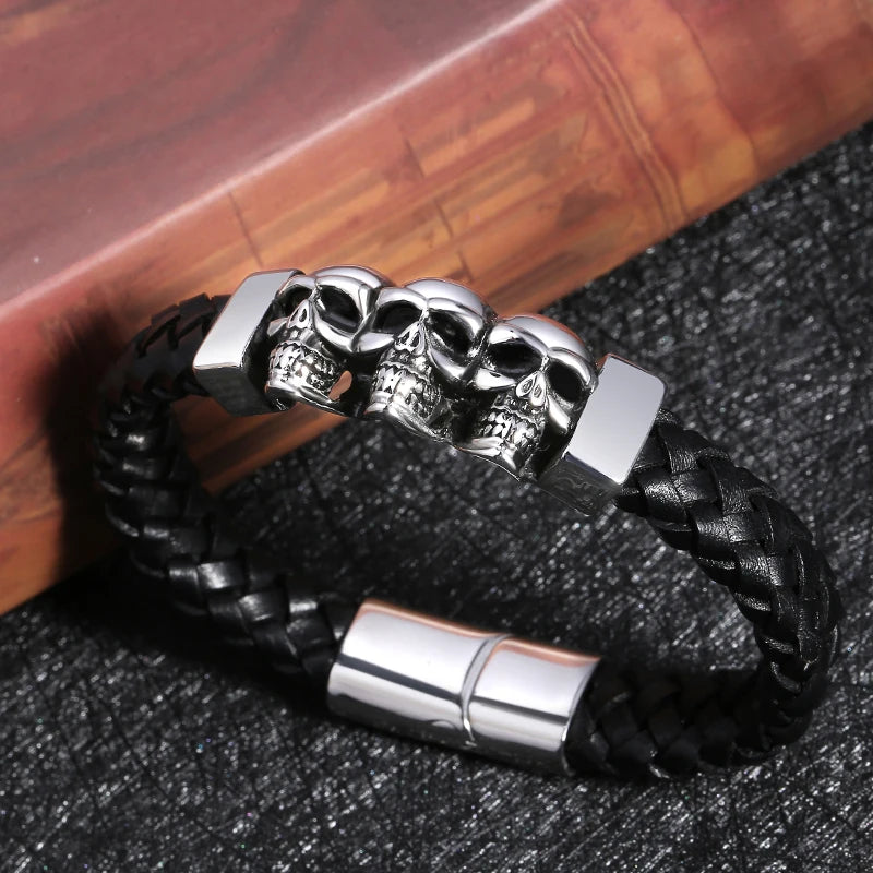 Men’s Black Leather Skull Bracelet