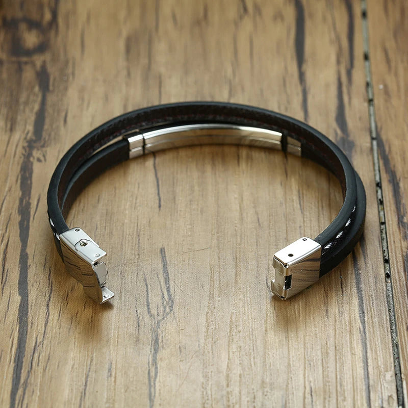 Unisex Leather Stainless Steel Bangle
