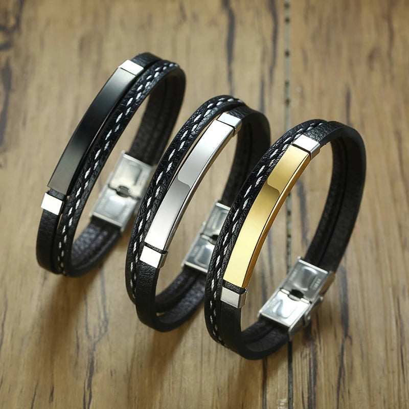 Unisex Leather Stainless Steel Bangle