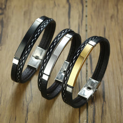 Unisex Leather Stainless Steel Bangle