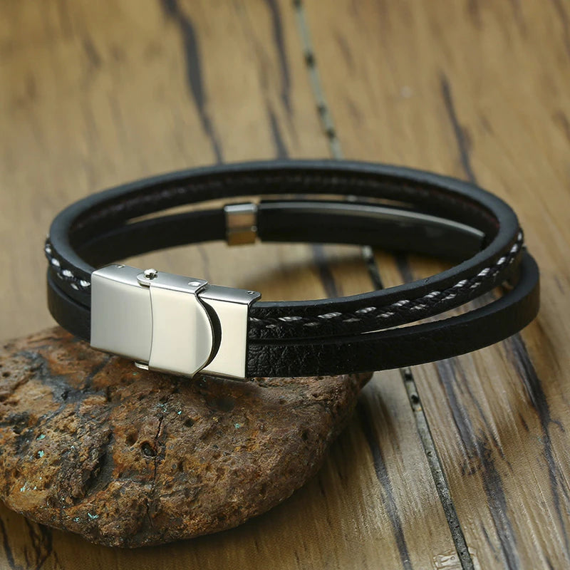 Unisex Leather Stainless Steel Bangle