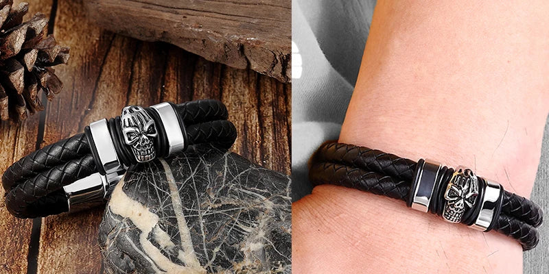 Men’s Black Leather Skull Bracelet