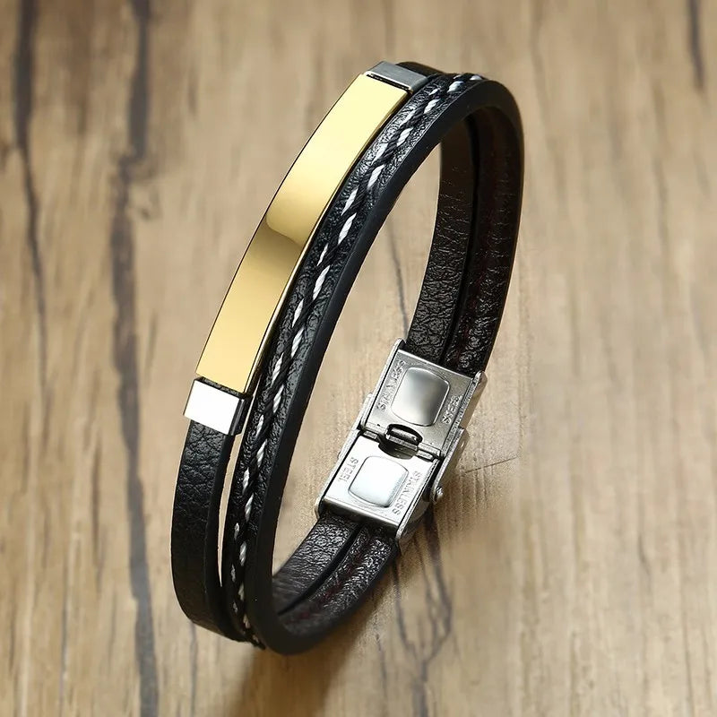 Unisex Leather Stainless Steel Bangle