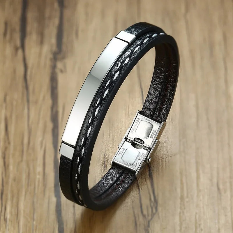 Unisex Leather Stainless Steel Bangle