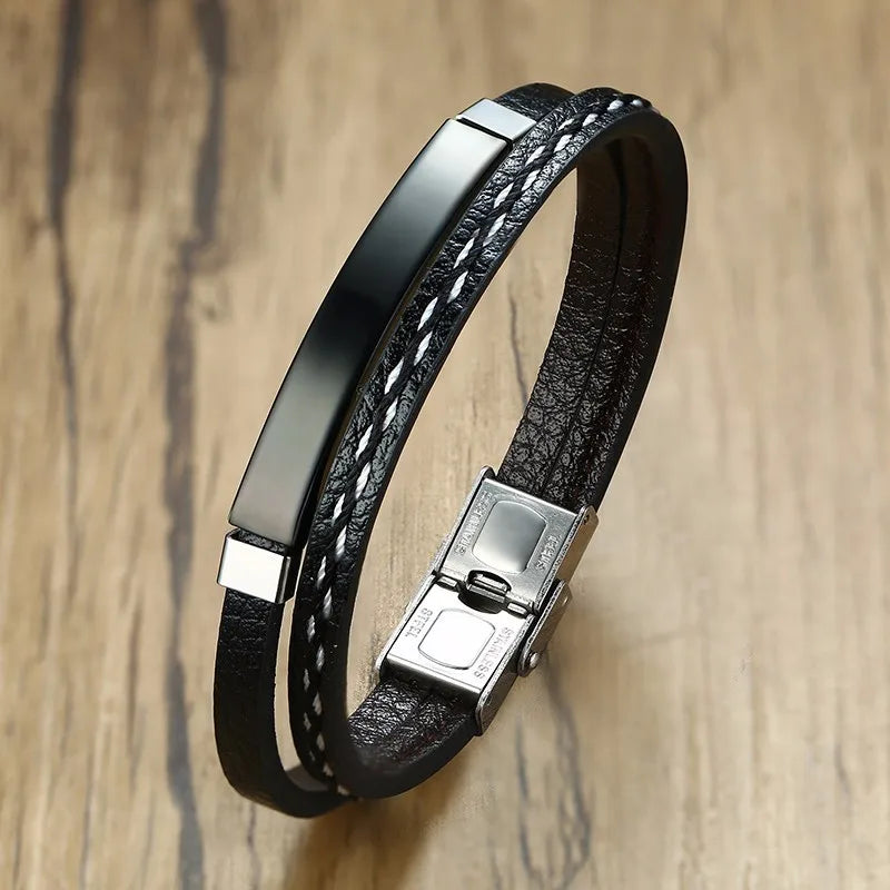 Unisex Leather Stainless Steel Bangle