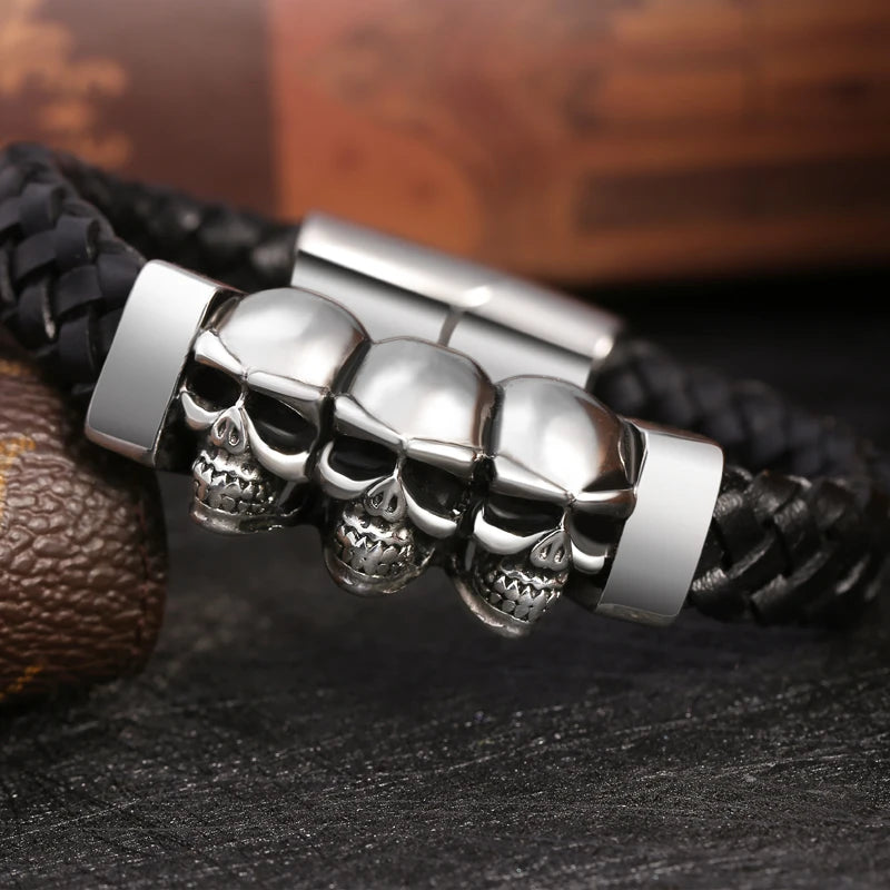 Men’s Black Leather Skull Bracelet