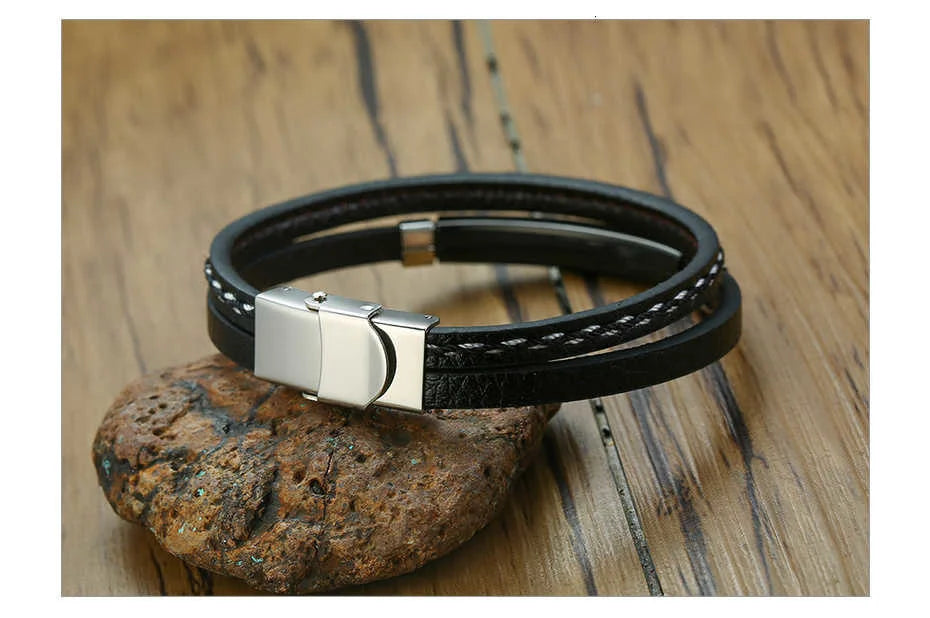 Unisex Leather Stainless Steel Bangle