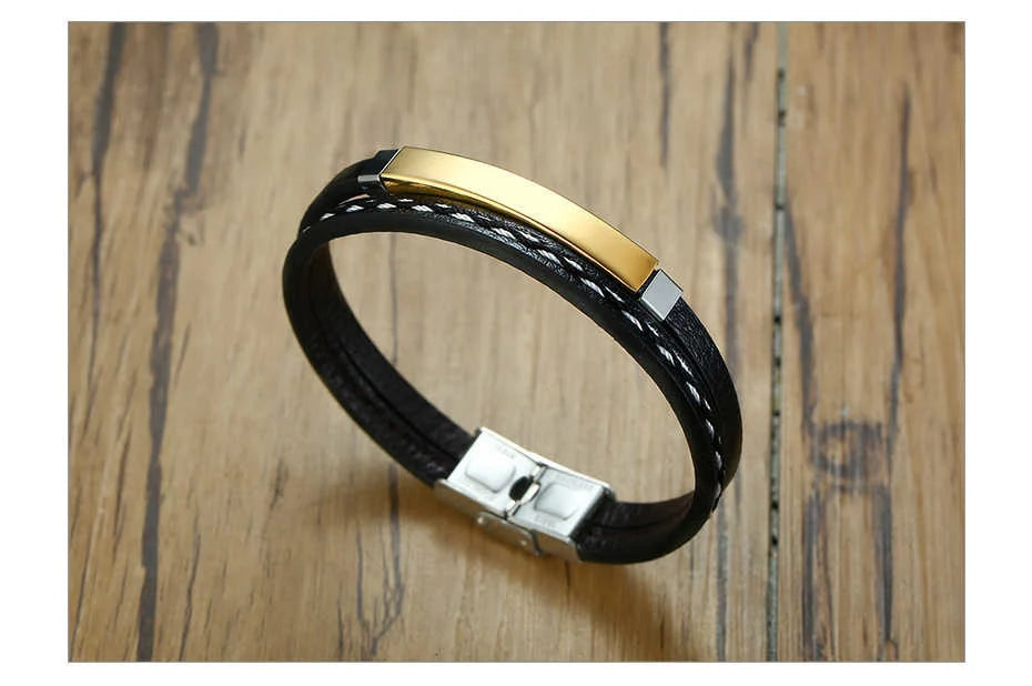 Unisex Leather Stainless Steel Bangle