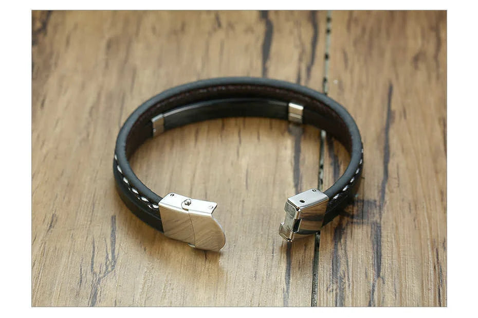 Unisex Leather Stainless Steel Bangle