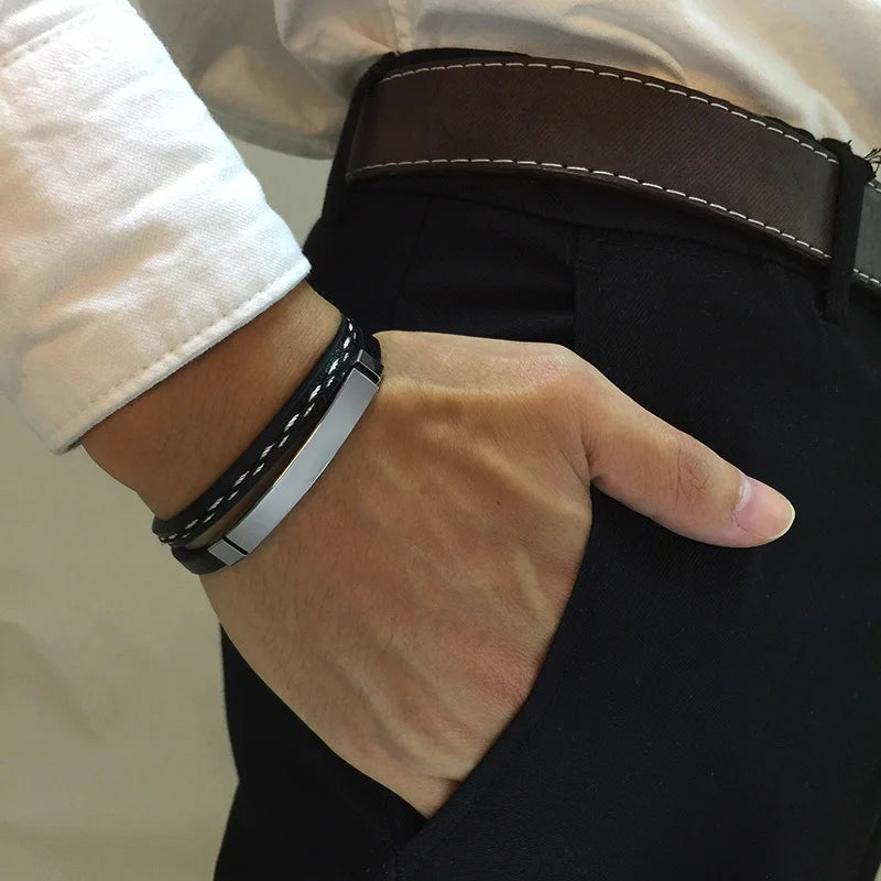 Unisex Leather Stainless Steel Bangle
