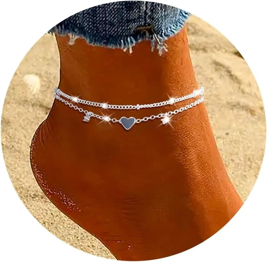 925 Silver Heart Layered Anklet